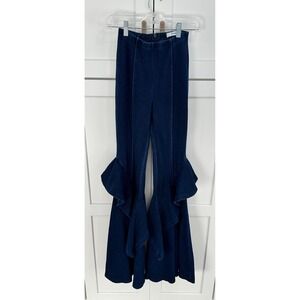 SJ Style Womens Dark Wash Ruffle Flare Leg Denim Pants High Waist‎ Blue M